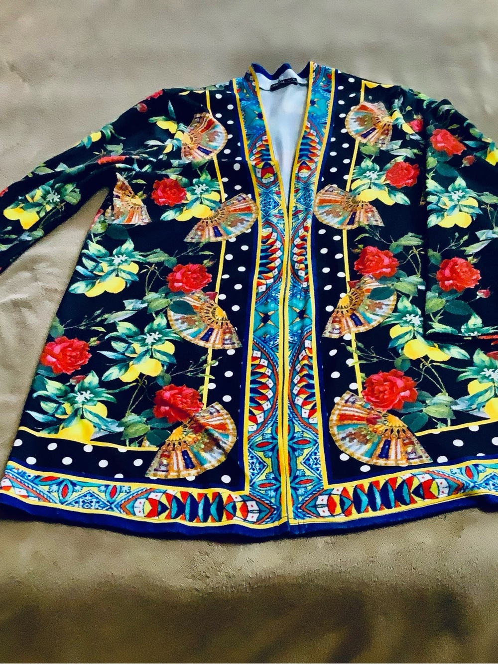 Black Floral-Print Utility Jacket with Colorful Trim